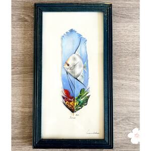 Vintage Hand Painted Angel Fish on Mexican Bird Feather Signed Framed 2001 BALAM